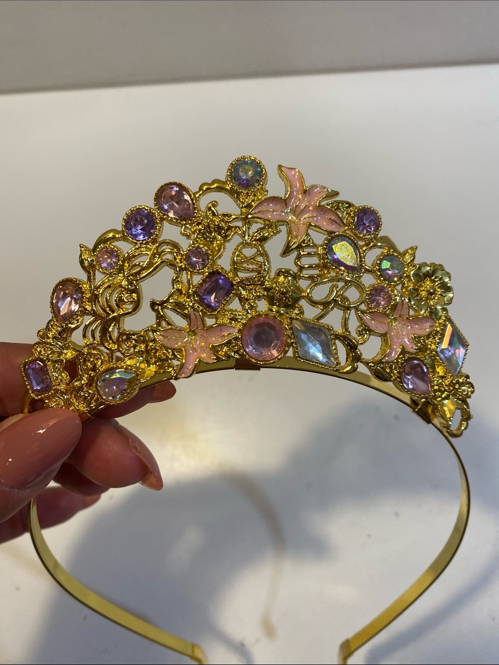 Disney Rapunzel Tiara Gold Headband with Pink and Purple Crystal Accents